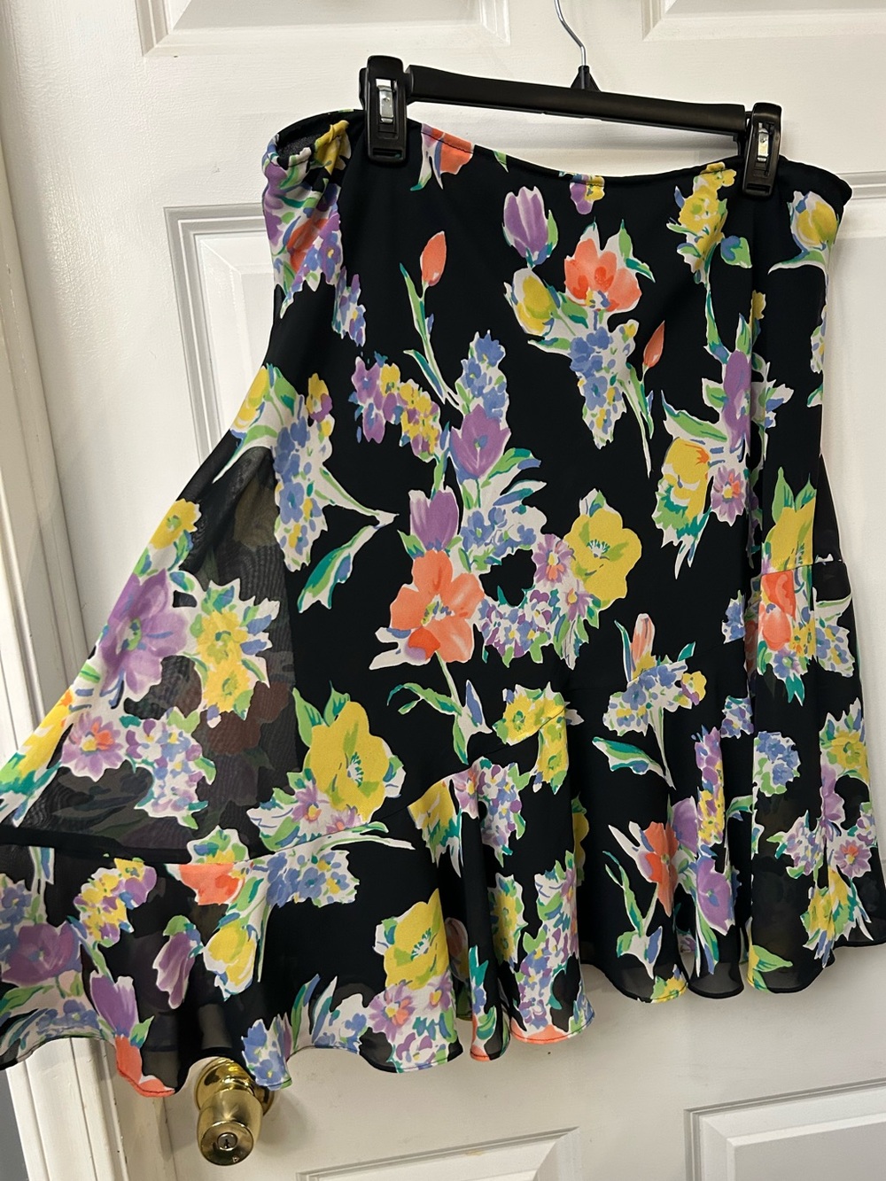 Chaps - Multicolor Floral on Black Ruffled Midi Skirt - XL